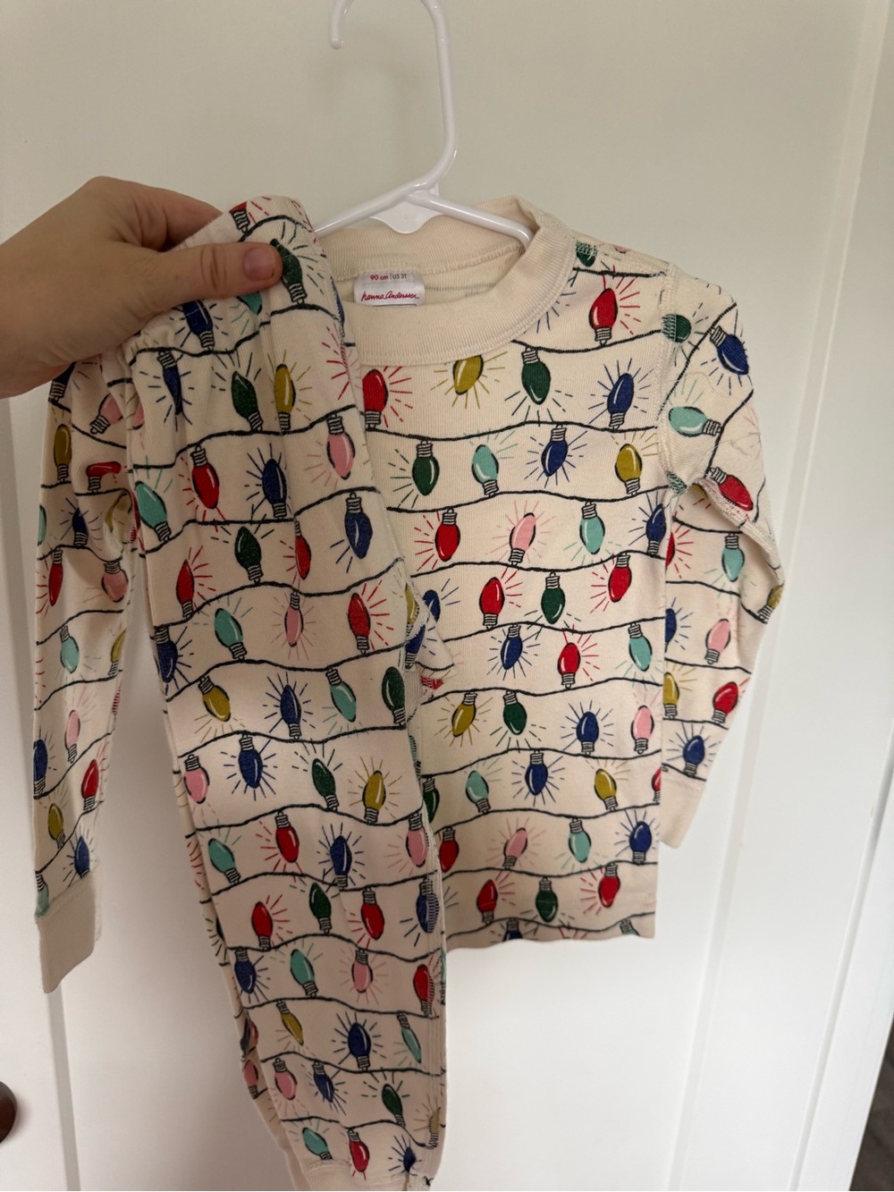 Hanna Andersson 3T Kids Cream Pajama Top & Leggings with Colorful Holiday Lights